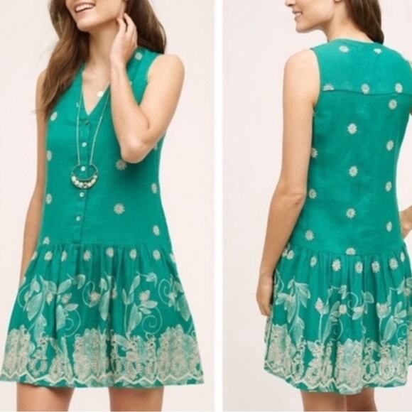 Anthropologie Maeve Pippa Embroidered Swing Dress Green Small - Picture 1 of 13